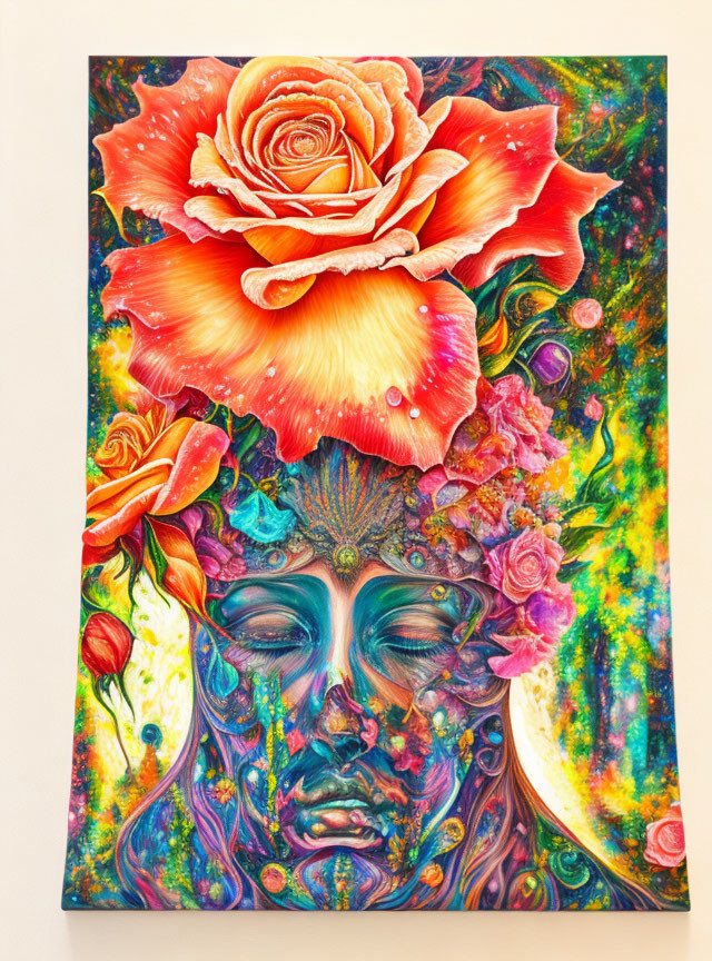 Colorful Painting of Serene Face with Flowers and Cosmic Patterns