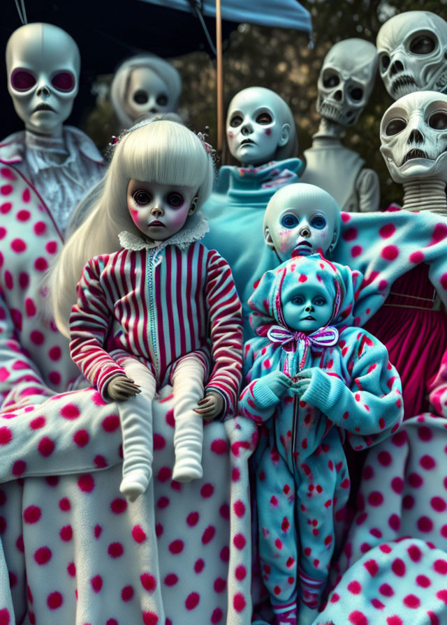 Collection of eerie dolls in polka-dot and striped onesies with alien-like faces