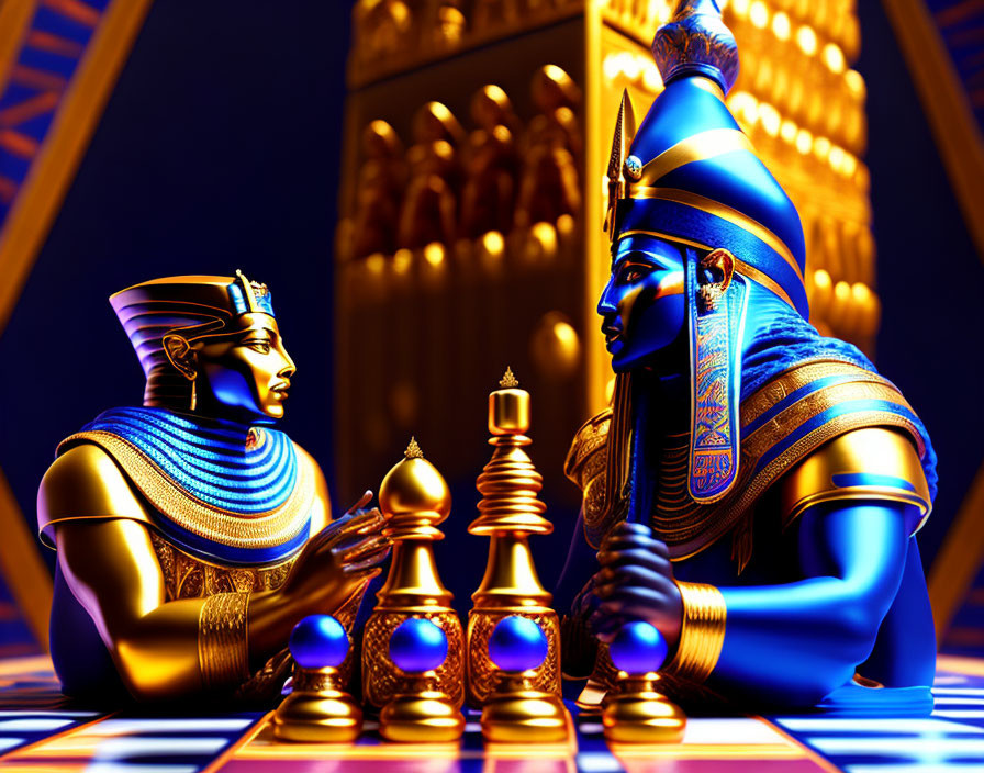 Golden pharaoh statues playing chess in Egyptian-themed room with hieroglyphics under blue and gold lighting