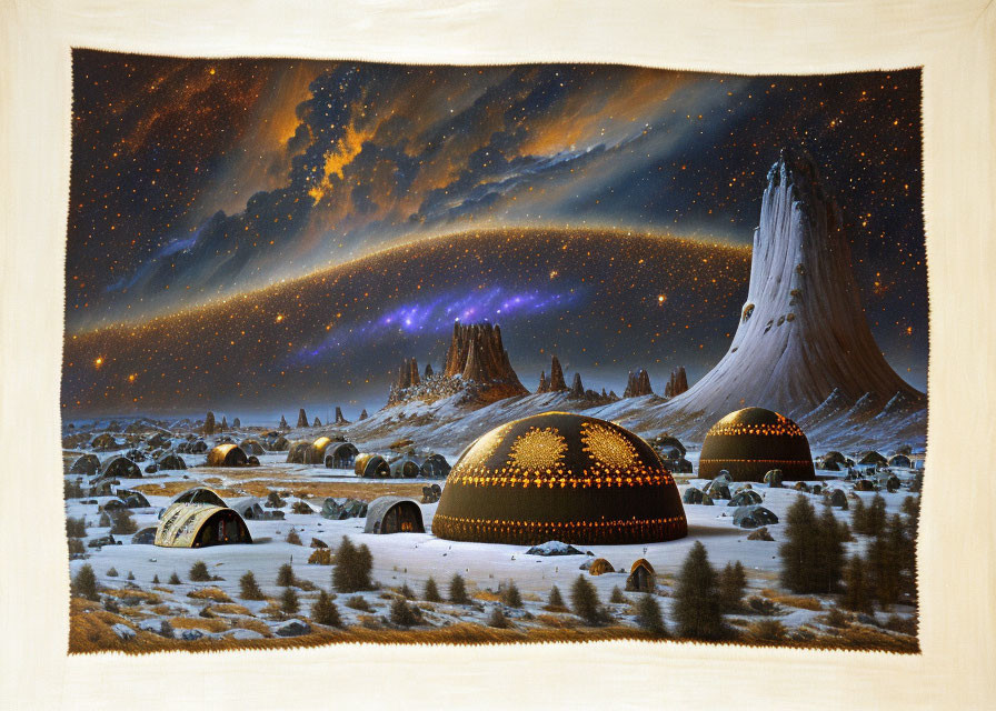 Snowy landscape with futuristic domed structures, towering mountain, and cosmic aurora