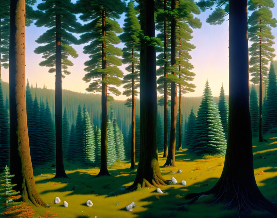 Lush forest scene with tall trees and golden light