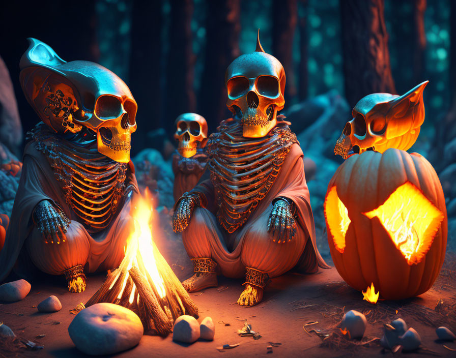 Glowing skull skeletons at campfire in dark forest with carved pumpkin - Halloween ambiance