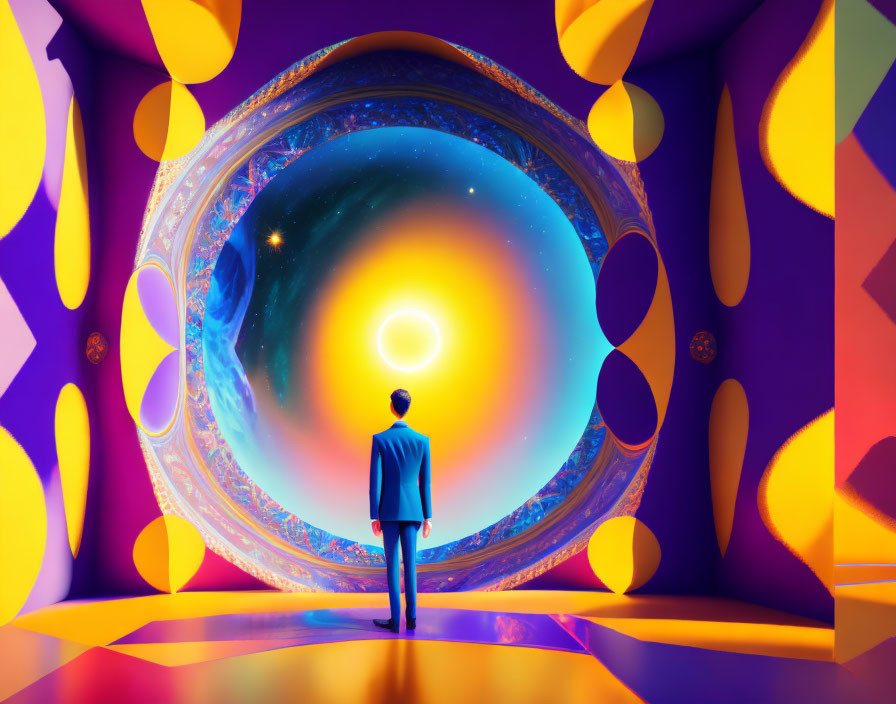 Business person in suit in front of vibrant, psychedelic portal with stars and bright light.