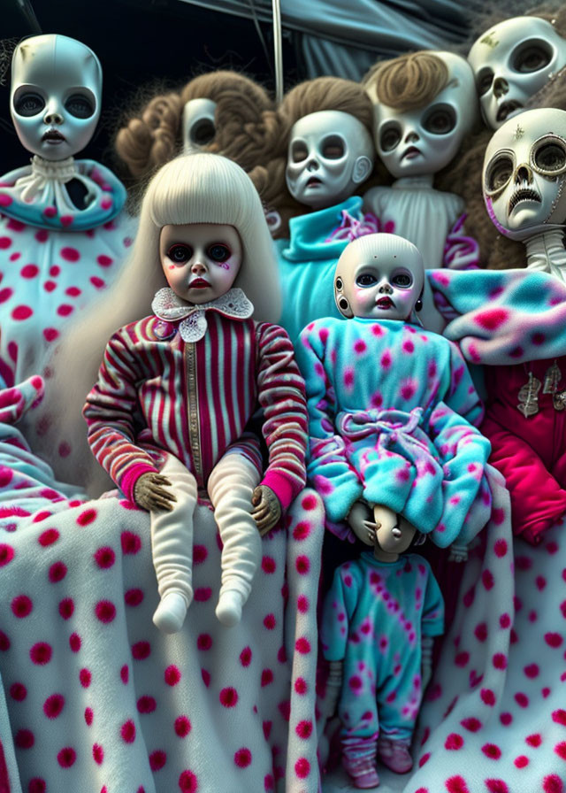 Collection of Creepy Dolls with Oversized Eyes and Polka-Dotted Outfits