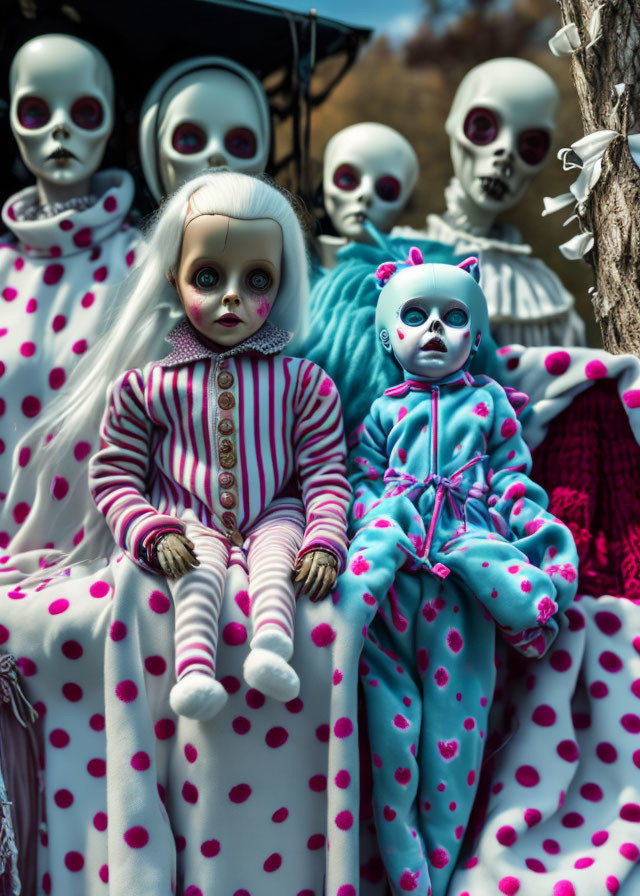 Creepy dolls in polka-dotted costumes among trees