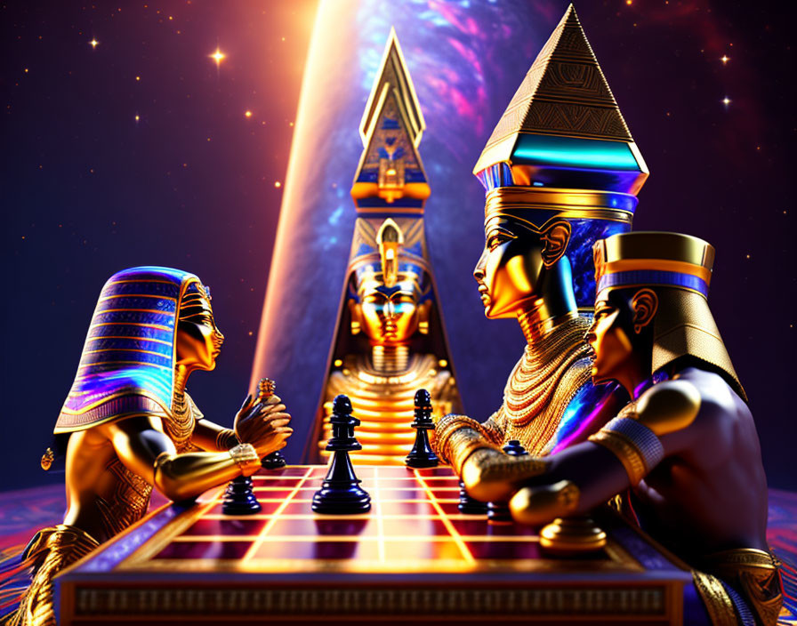 Golden Egyptian chess players with pyramids under starry sky