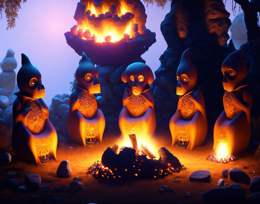 Mystical twilight scene with glowing creatures around fire