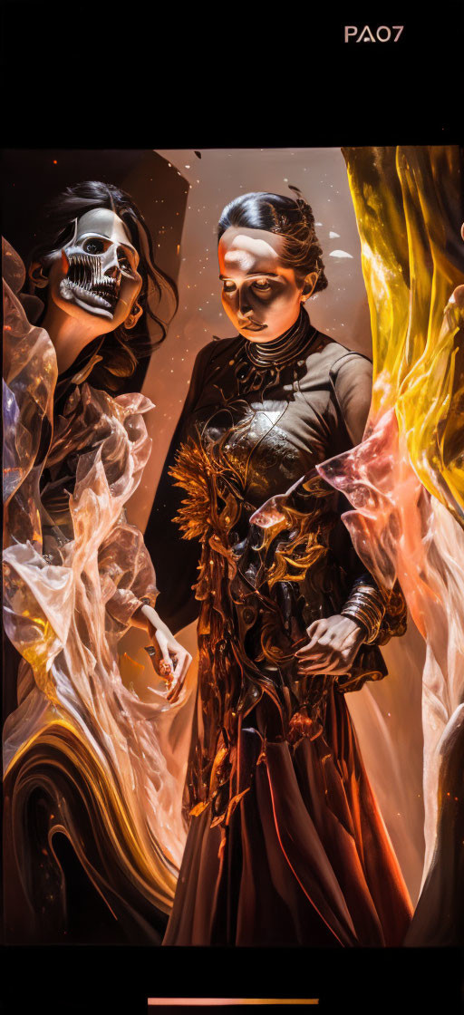 Two figures in dark ornate clothing with skeletal face paint in swirling orange and yellow hues.