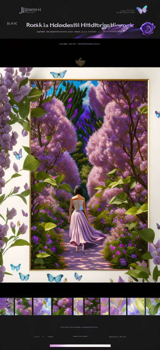 Woman in flowing dress walking towards lush garden with lilacs and butterflies