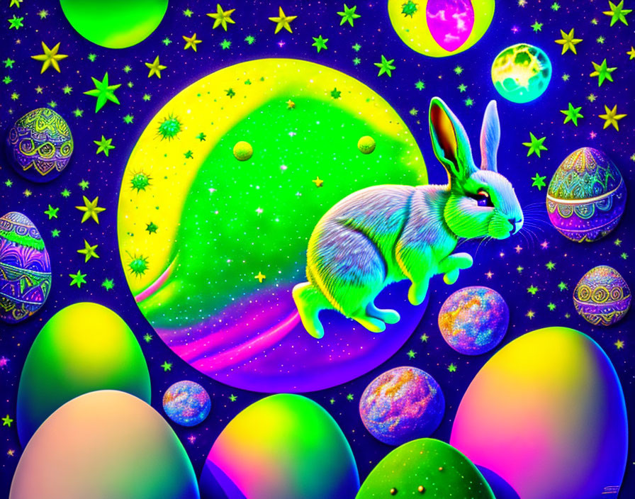 Colorful Rabbit Among Cosmic Easter Eggs in Space