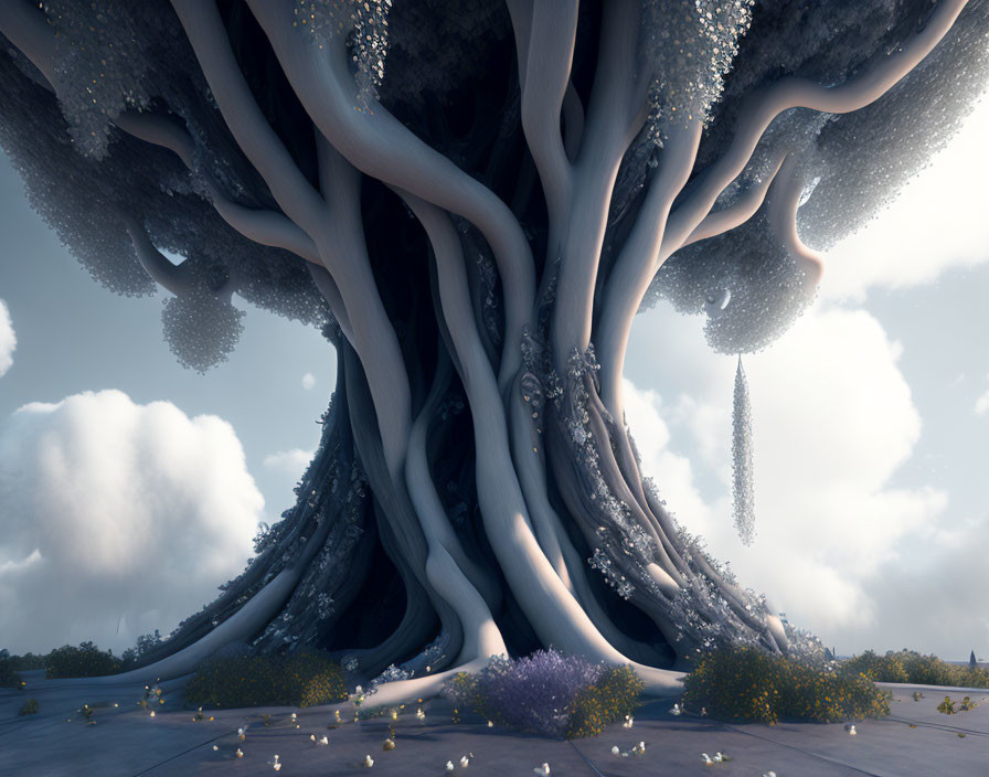 Enormous surreal tree in serene landscape with flowers and fluffy clouds