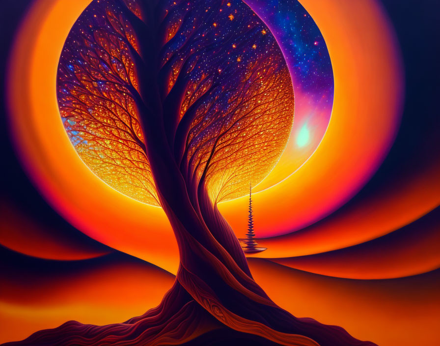 Vibrant digital artwork: Cosmic tree with starry night sky and glowing orange circles