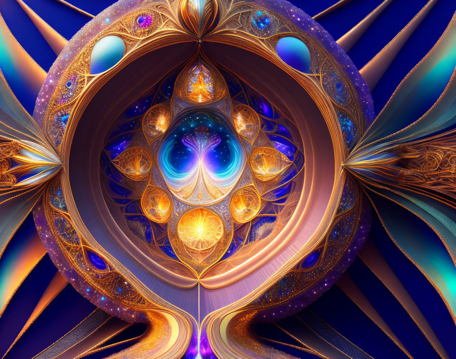 Colorful Digital Fractal Art: Gold & Blue Spherical Patterns