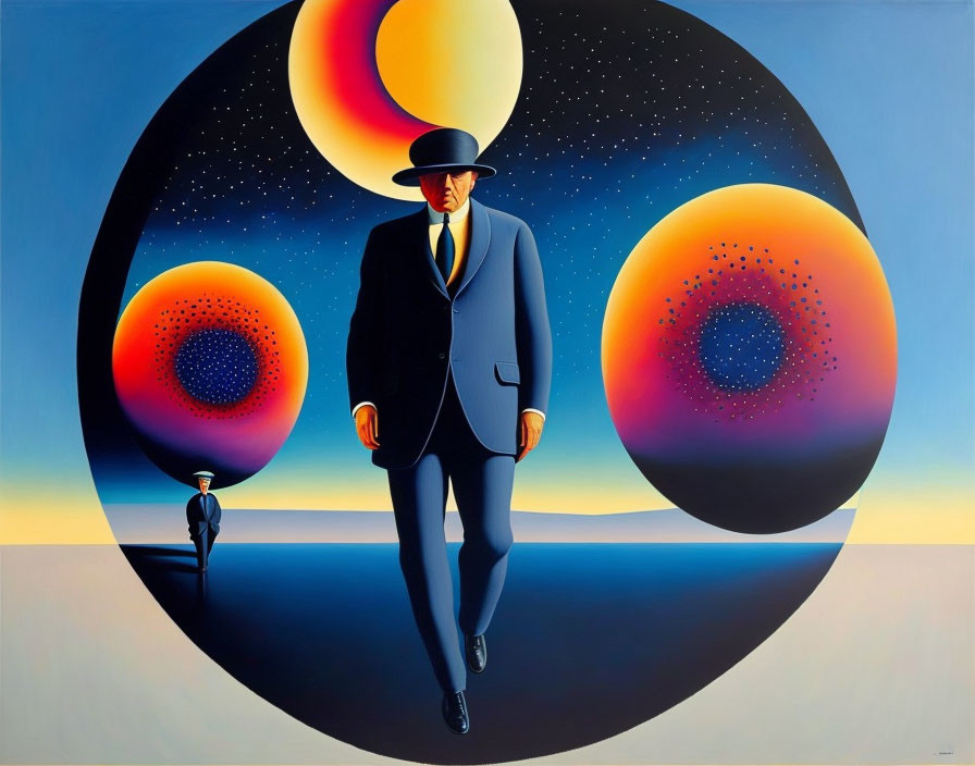 Surreal painting of two men in suits and bowler hats against cosmic backdrop