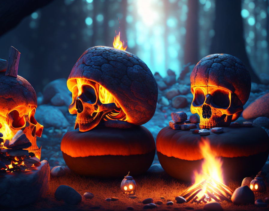 Flaming skulls on pumpkins in mystical forest with lanterns & campfire