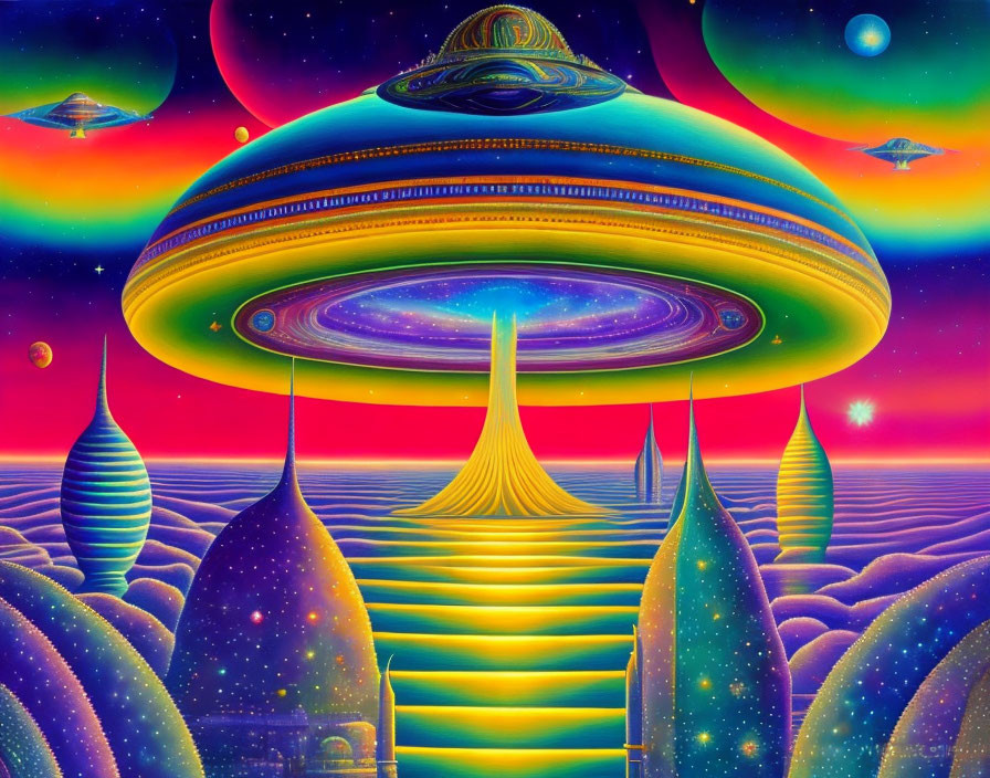 Colorful UFO illuminating stairway in fantastical landscape