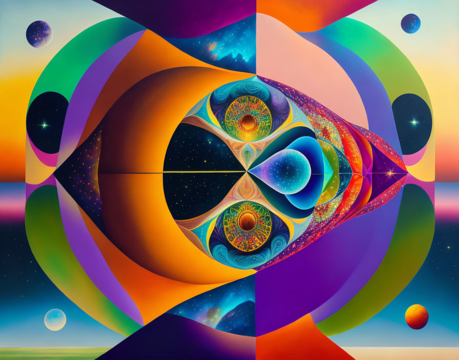 Colorful surreal artwork with cosmic patterns and celestial bodies in interlocking circles.