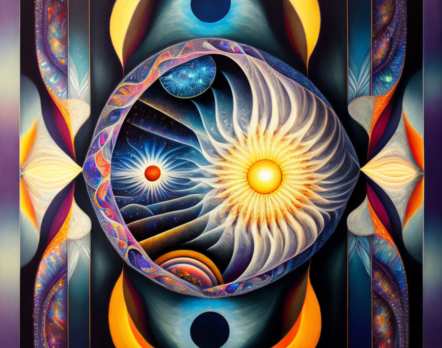 Symmetrical Abstract Art with Cosmic and Floral Elements