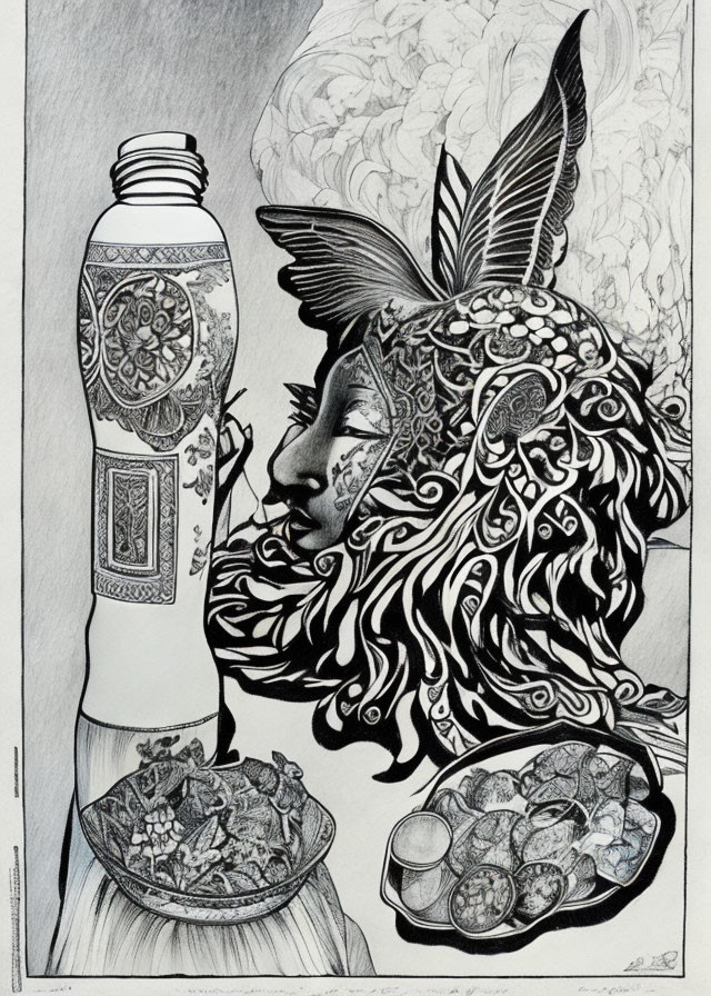 Detailed monochromatic profile of woman with ornate features, bottle, and food bowls