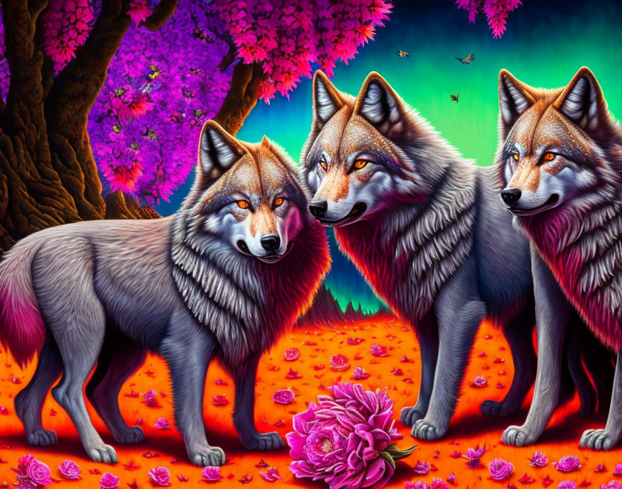 Realistic wolves in vibrant landscape with pink foliage & surreal purple sky