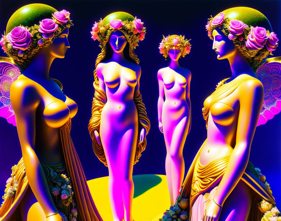 Neon-colored statues of classical female figures on dark purple background