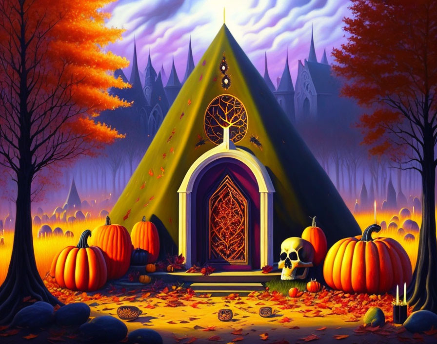 Whimsical Halloween illustration with gothic tent, pumpkins, skull, candles, and trees