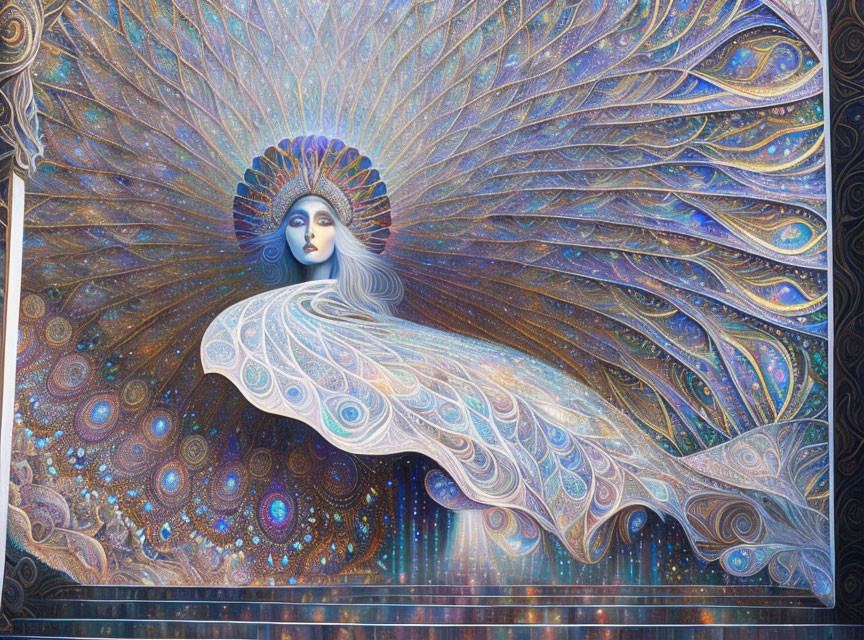 Vibrant artwork of woman with peacock-inspired design