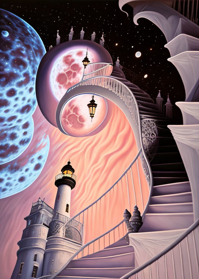 Whimsical artwork of lighthouse on spiraling stairs with celestial night sky and glowing lanterns