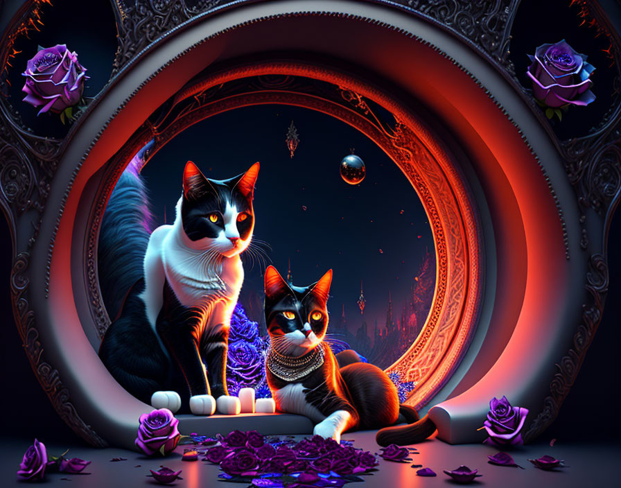 Animated cats in a whimsical cityscape with purple roses and crescent moon