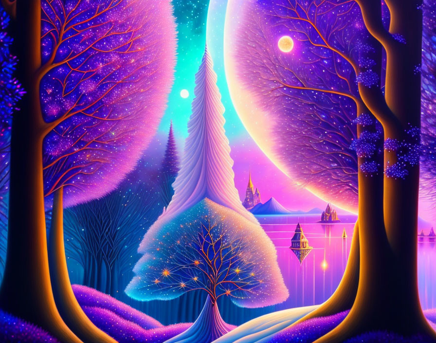 Fantasy landscape with glowing trees, spiral tree, and distant castles