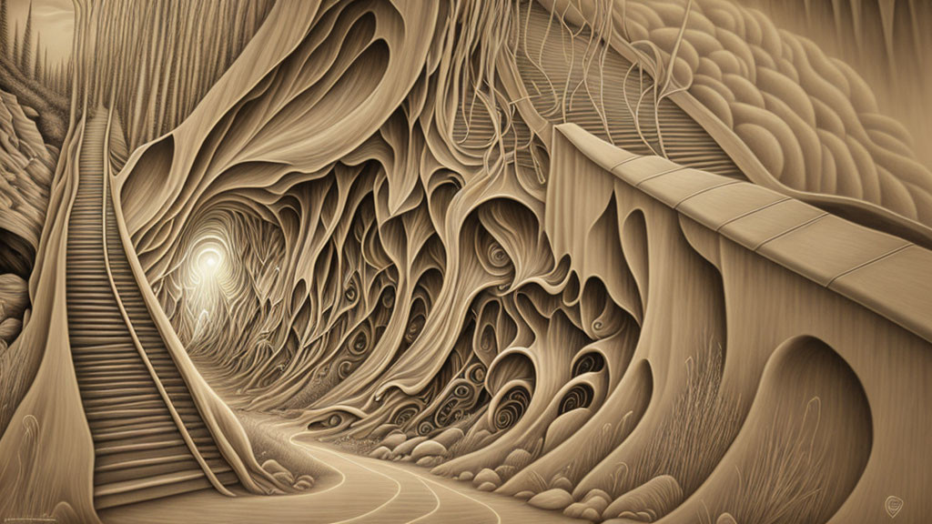 Detailed Sepia-Toned Surreal Landscape Illustration