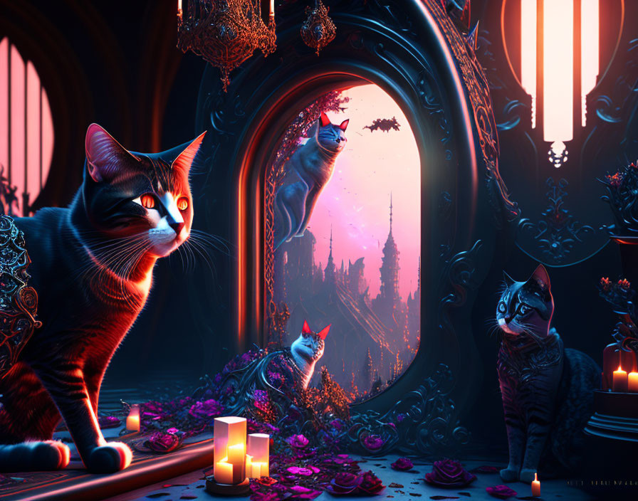 Three cats in a gothic room with large mirror reflecting otherworldly city, candles, and twilight