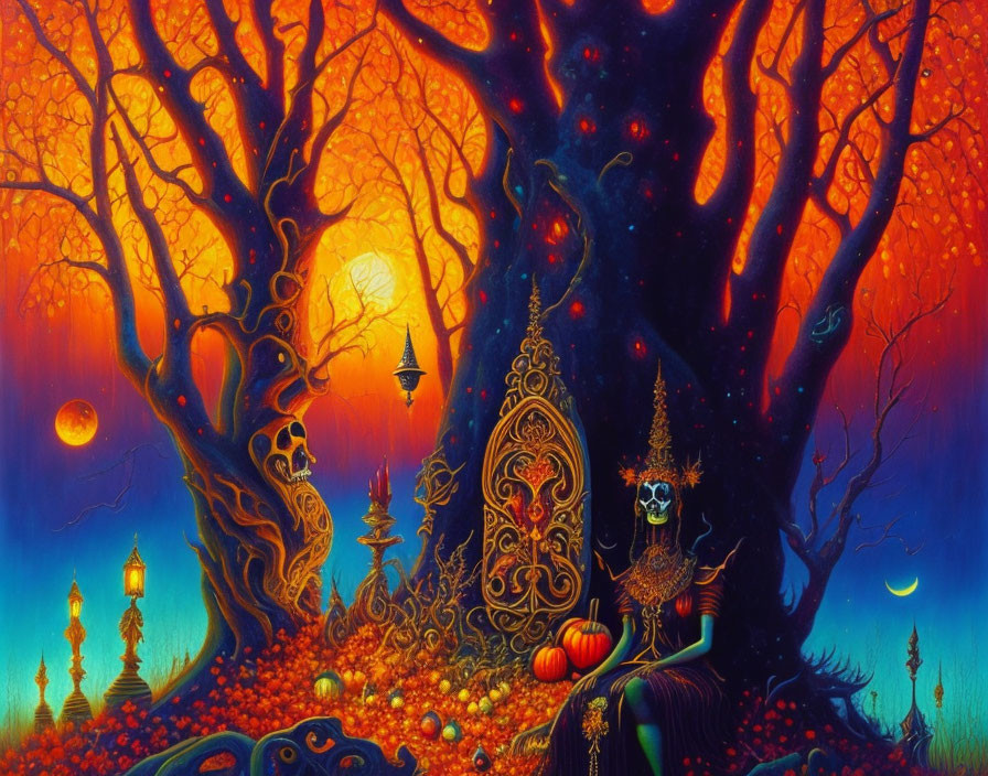 Fantasy landscape with twisted trees, skull gate, celestial bodies, and mysterious aura