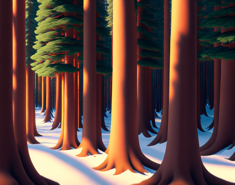 Snow-covered forest with towering trees and orange light casting shadows