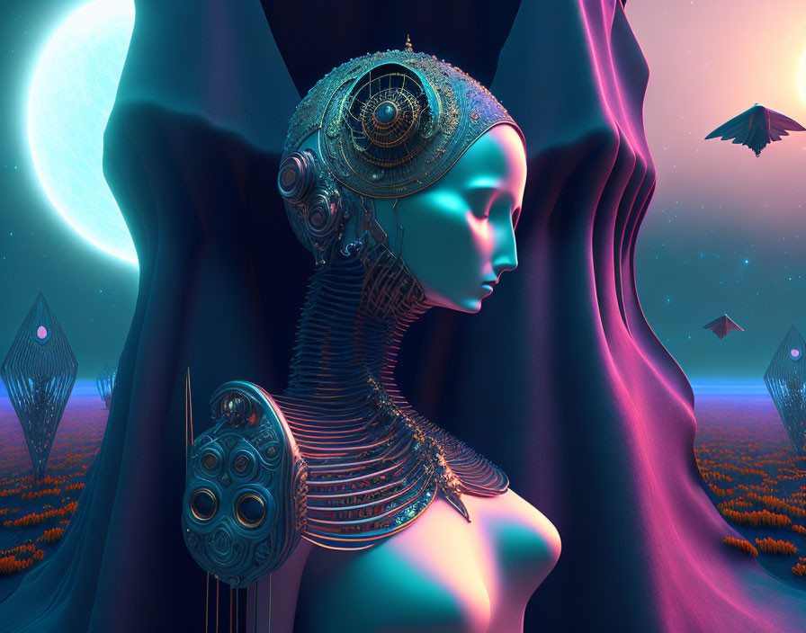 Female android with intricate details in surreal landscape.