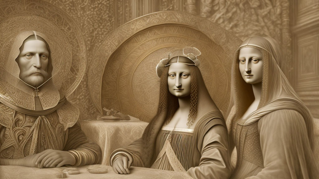 Sepia-Toned Digital Artwork of Three Figures Resembling Mona Lisa