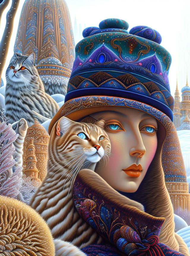 Surreal portrait featuring person with blue eyes and vibrant hat, stylized cats, and intricate architecture