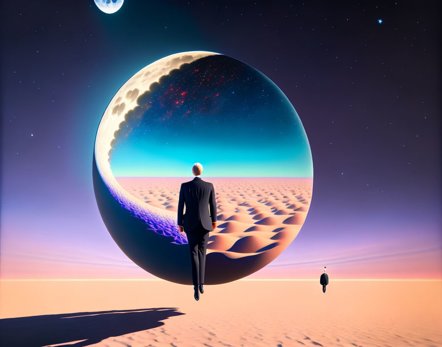 Business person in suit observes surreal planet in desert landscape under twilight sky