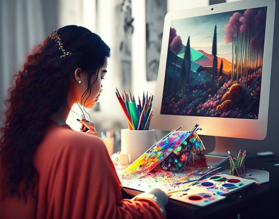 Curly-haired woman creating digital art at desk surrounded by painting supplies