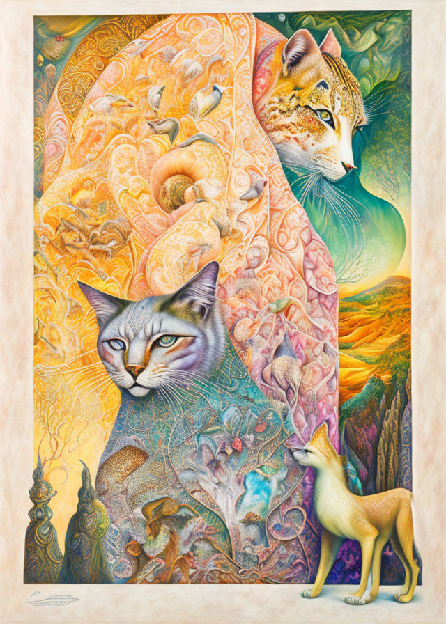 Colorful Artwork Featuring Siamese Cat, Fox, Leopard & Floral Elements