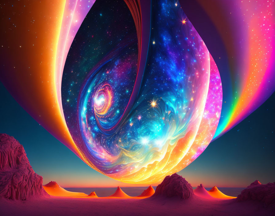 Surreal cosmic digital artwork: swirling galaxies over desert landscape