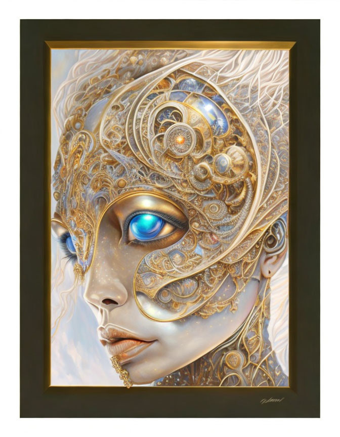 Surreal framed artwork: Golden mechanized face with intricate patterns and blue eye