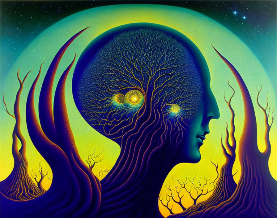 Surreal artwork: human silhouette with tree brain in cosmic background