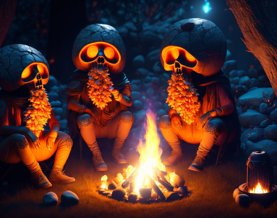 Pumpkin-headed figures with flowers by campfire in mystical forest