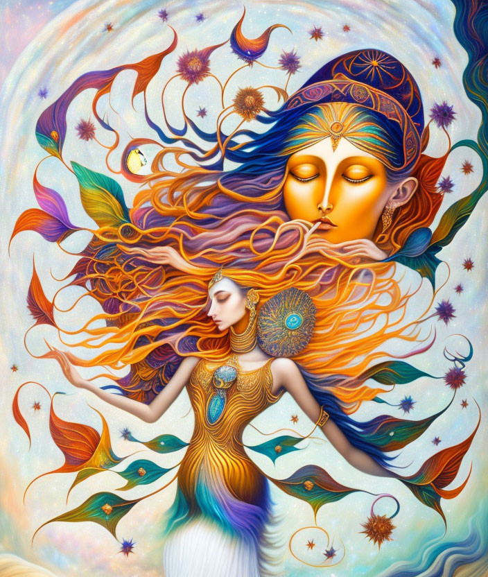 Surreal painting depicting woman with cosmic hair and vibrant colors