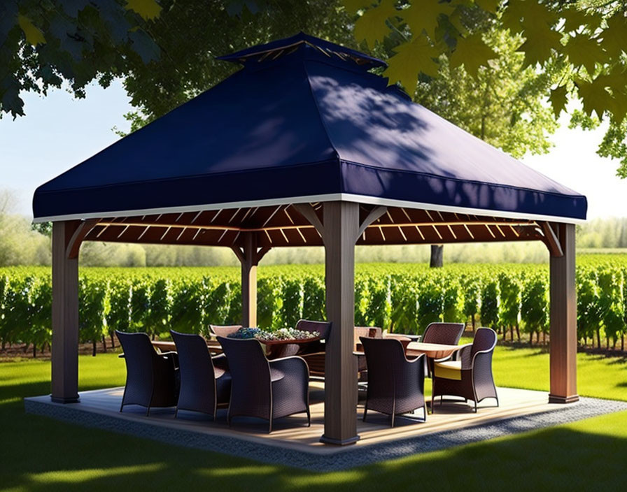 Vineyard Outdoor Dining Area with Blue Canopy Pavilion