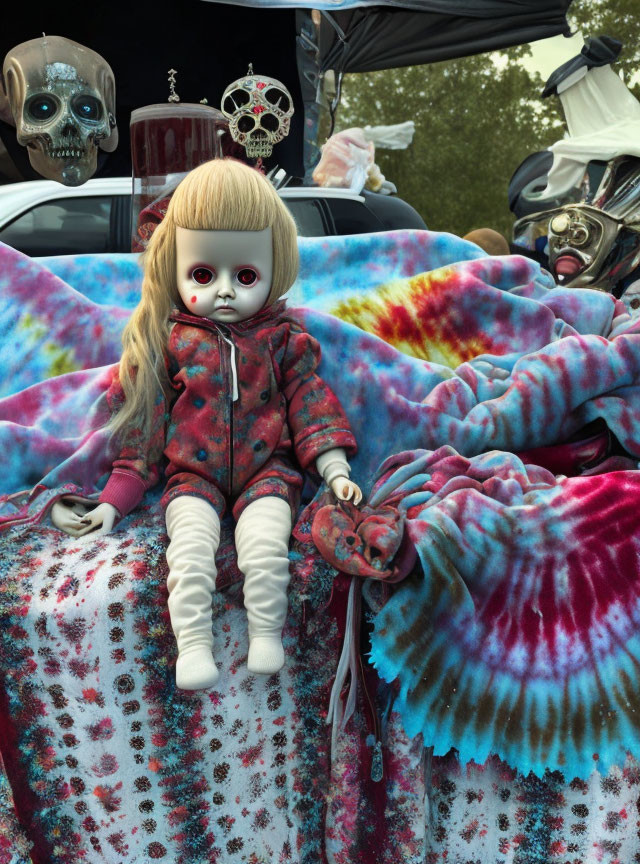 Creepy doll on tie-dye fabric with skull helmets in background