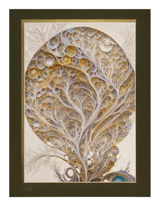 Stylized tree painting with golden and white foliage patterns