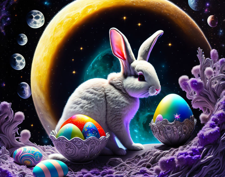 Rabbit with Easter eggs in cosmic scene