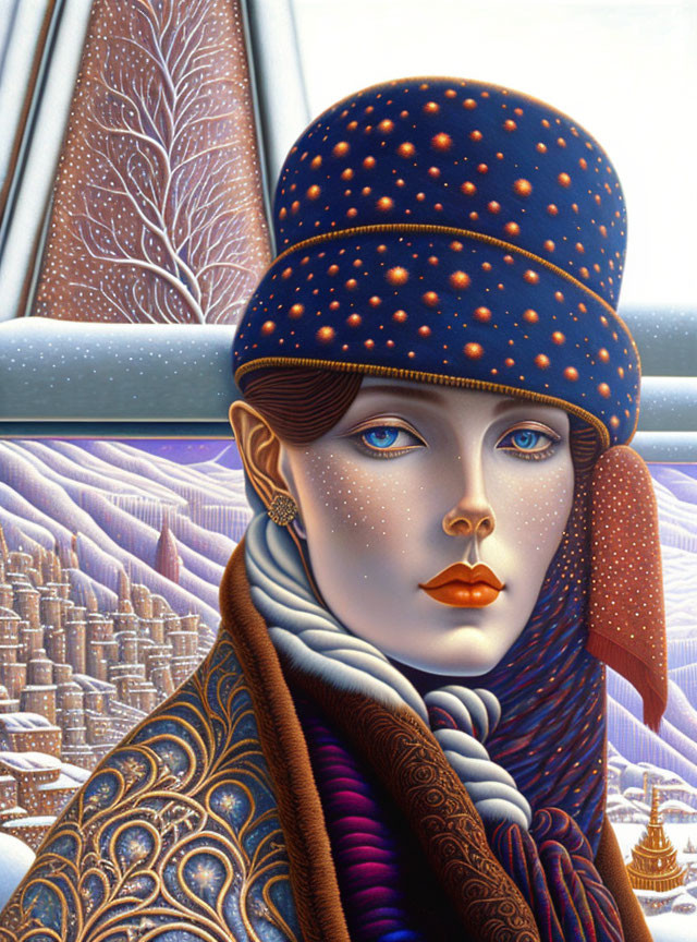 Illustrated portrait of woman with starry blue headgear in winter landscape